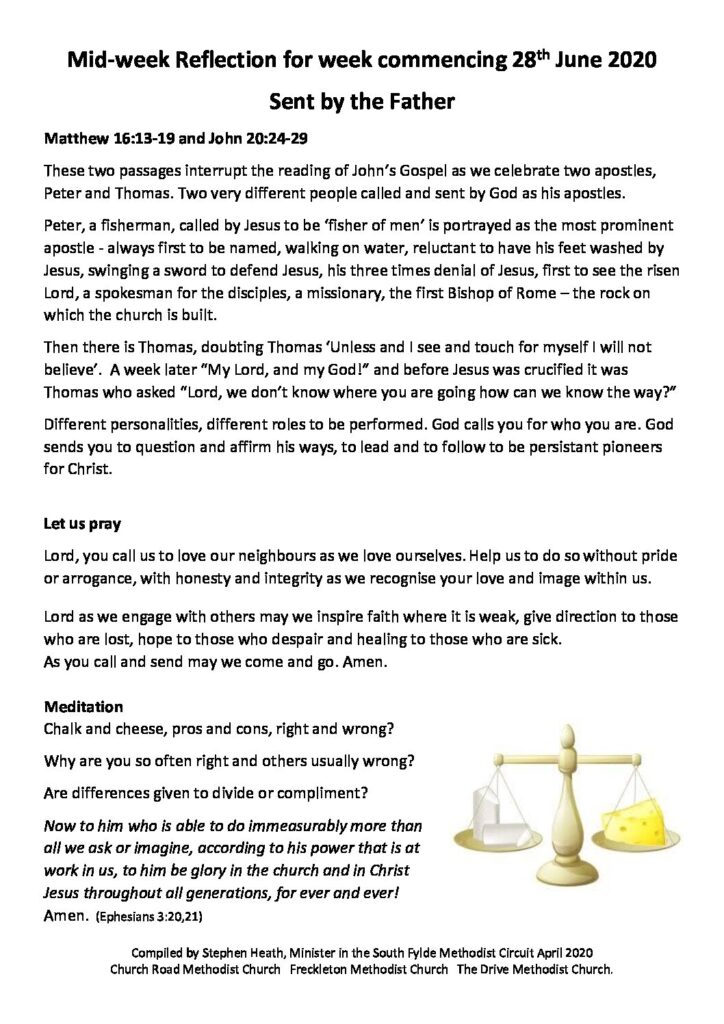 Methodist Daily Reflection Rev Stephen Heath’s weekly letter 2nd July. This week’s Readings ...